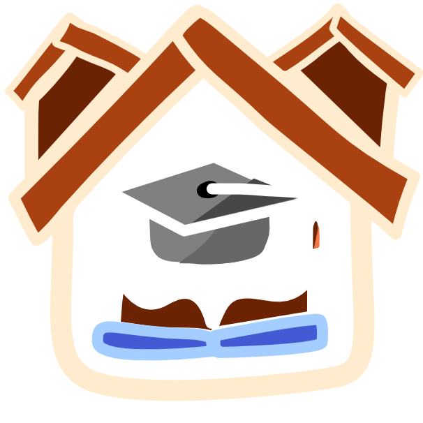  a brown house shape with two smaller roofs on each side of the main roof. inside the house shape is a blue book wit brown pages opened up and a grey graduation cap above the book. The image has light line art.